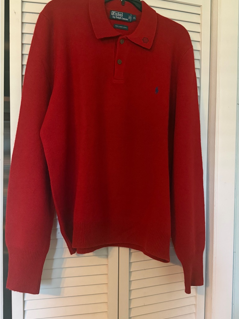 Vtg 1990s 100%Lambs Wool Polo Ralph Lauren Red Long-Sleeve Knit Polo